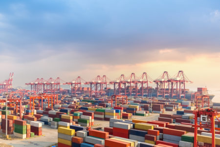 shanghai container terminal at dusk, one of the largest cargo port in the world