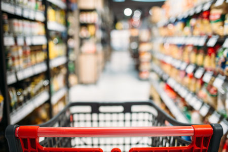 Shopping cart between shelves in food store, nobody. Rows of products in supermarket